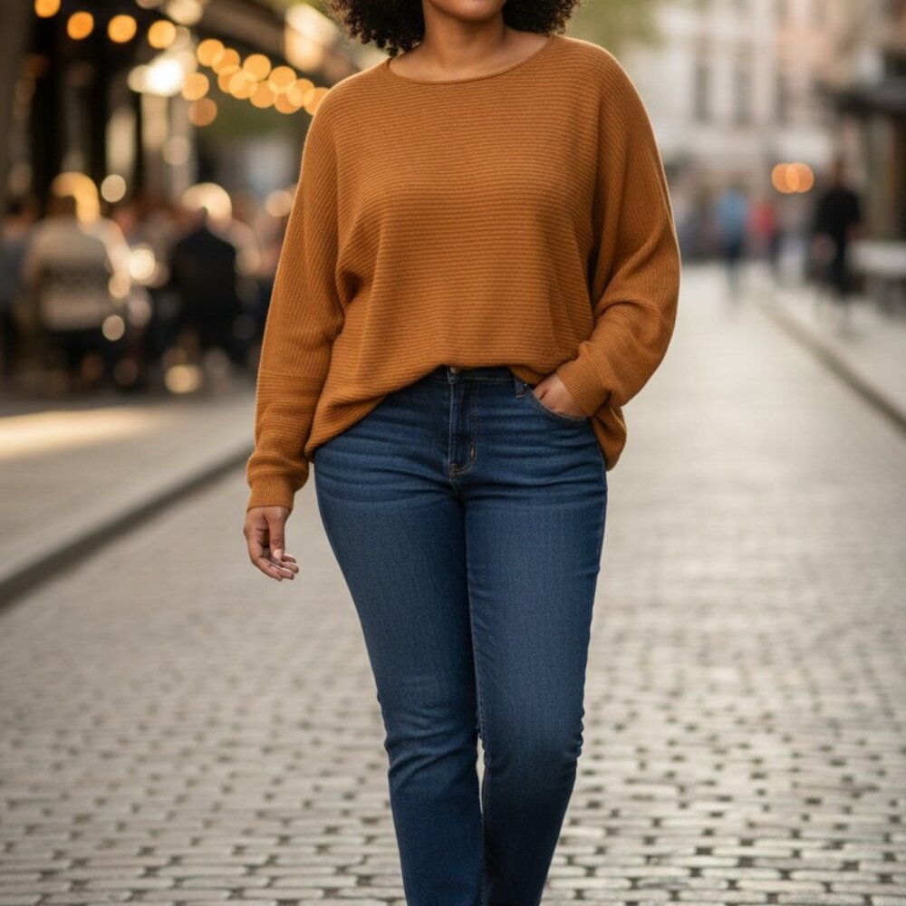 (D-107) Cyrus Women’s Sweater XL Brown Ribbed Knit Dolman Sleeve Casual Top‎